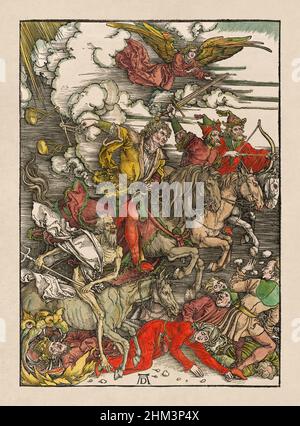 Illustration der vier Reiter der Apokalypse, gezeichnet von Albrecht Dürer im Jahr 1498. Stockfoto