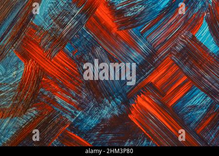 Abstrakte Kunst Hintergrund dunkel neon rot und blau Farben. Aquarellmalerei auf Leinwand mit Strichen und Spritzern. Acrylbilder auf Papier mit Pinselstrich Stockfoto