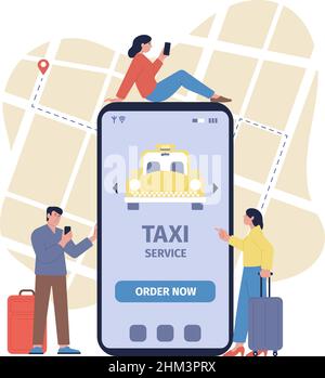 Mobiles Taxi. Flughafen-Transfer oder Autos teilen, Handys Transport App. Städtischer Service, Online-Wohnung Touristen und Geschäftsleute wählen Fahrzeug, neu Stock Vektor