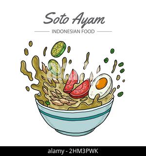 Soto Ayam ist eine traditionelle Hühnersuppe aus Indonesien. Stock Vektor