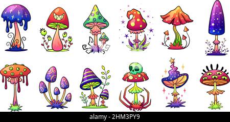 Halluzinationspilze. Psychedelischer Pilzsatz, Hippie funky groovig 1970s Waldpflanzen. Dekorative grelle Regenbogenfarben Vektor-Elemente Stock Vektor