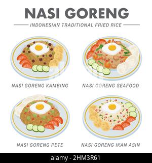 Verschiedene Arten von gebratenen Reis, oder Nasi Goreng in Bahasa Indonesien. Stock Vektor