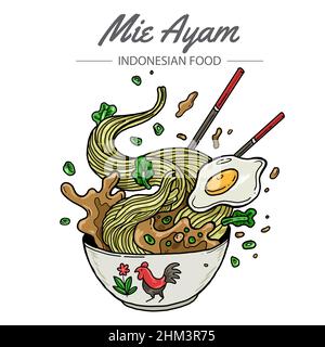 Mie Ayam ist eine traditionelle indonesische Hühnernudel. Vektor-Illustration einer Schüssel mit Huhn Bild. Stock Vektor