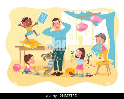 Wütend gestresster Vater mit frechen Kindern. Destruktive Aktivitäten von Kindern. Das Zimmer war durcheinander. Schlechtes Verhalten. Hyperaktivität von Freunden. Babys brechen und verderben Stock Vektor