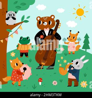 Tiere Musiker im Wald. Orchester im Sommer Lichtung. Kinderkonzert. Zeichentrickfiguren spielen Musik. Quintett mit Instrumenten in Meadow. Jazzband Stock Vektor