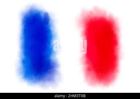 Aquarellmalerei der französischen Flagge Tricolore mit blauen, weißen und roten Farben isoliert auf weißem Hintergrund. Stockfoto