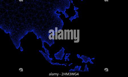 Globale Technologieübersicht 3D. Neon-Digitalkarte von Asien mit Computergrafiken und leuchtenden Kommunikations- und Netzwerkleitungen. Business-, Finanz-, Technologie-Konzept. Hochwertige 3D-Illustration Stockfoto