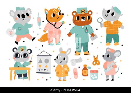 Nette Tierärzte. Medizinische Zeichen mit verschiedenen Werkzeugen in Uniform. Koala mit Verbandskasten. Fuchs mit Stethoskop. Panda-Optiker Stock Vektor
