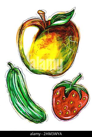 Skizze für einen Apfel, Zucchini und Erdbeere auf weißem Hintergrund. Stockfoto