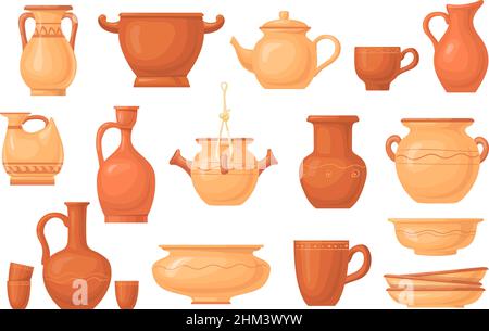 Cartoon Tongeschirr. Antike Keramikotensilien, braune Steingut-Topfgefäße Becher Krug Schüssel, alte Keramik Geschirr, Keramik Geschirr, Symbol Vektor Illustration. Keramikvase Ton, Topf antik Stock Vektor