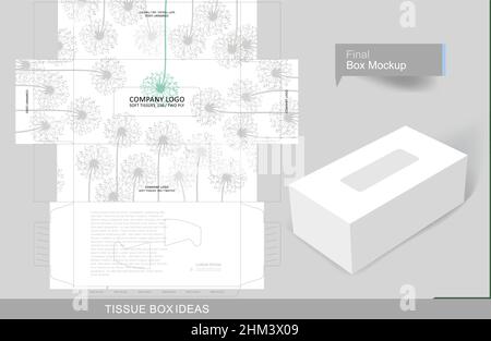 Vektor-Dandelion Silhouette Tissue Box, Vorlage für geschäftliche Zwecke. Platzieren Sie Ihren Text und Ihr Logo, und schon kann es gedruckt werden Stock Vektor