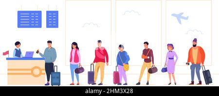 Schlange von Touristen. Reisen Menschen Linie Abreise Flughafen, überprüfen Passagierflug Flugzeug, glücklich Tourist Koffer Reisen Transit im Urlaub, Cartoon-Vektor-Illustration. Flughafenlinie zum Terminal Stock Vektor