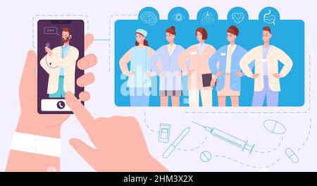App für das Gesundheitsteam. Online-Arzt im Mobiltelefon, Gesundheitswesen Zusammenarbeit von medizinischem Personal mit Netzwerktechnologie, medizinische Beratung tele Medizin flach Splendid Vektor Illustration Stock Vektor