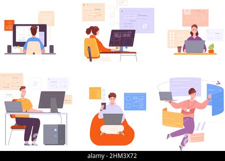 Code Engineer arbeitet. Encoder-Programmiersoftware, Computer-Technologie Web-Entwicklung, Laptop Sprache Programm HTML java php Python, Internet-Vektor-Illustration. Codiersoftware und Programmierung Stock Vektor
