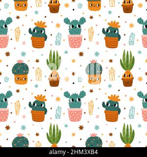 Niedliches Kaktus-Nahtloses Muster. Cartoon-Druck mit Kawaii-Kakteen in Blumentöpfen. Blumendesign für Kinder. Glückliche Zimmerpflanzen. Sukkulenten und bauchige Pflanzen mit Stock Vektor