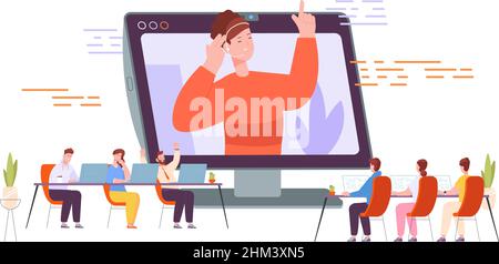 Online-Coaching-Gruppe. Bildung Webinar in der Welt digitale Cloud, Lehrervortrag über Internet-Klassenzimmer, elementare virtuelle Ausbildung, Vektor-Illustration. Online-Webinar zum Thema Bildung Stock Vektor
