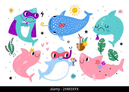 Niedliche Hai-Figuren. Lustige Meerestiere. Cartoon-Maskottchen. Kinder Meerestiere mit Gesichtern. Algen und tropischer Cocktail. Unterwasserwelt. Marine Stock Vektor