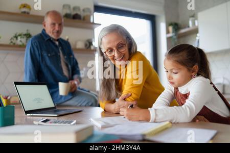 Kleines Mädchen mit älteren Großeltern, die zu Hause Mathe-Hausaufgaben machen. Stockfoto