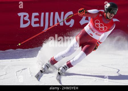 Peking, China. 07th. Februar 2022. Der Österreicher Matthias Mayer reagiert am Montag, den 7. Februar 2022, beim Abschluss des Ski-Alpin-Herrenabfahrtrennens im Yanqing National Alpine Skiing Center bei den Olympischen Winterspielen 2022 in Peking. Mayer gewann die Bronzemedaille. Foto von Paul Hanna/UPI Credit: UPI/Alamy Live News Stockfoto