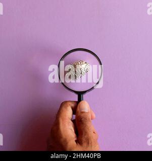 Hand hält Lupe und Gehirn auf violettem Hintergrund Stockfoto