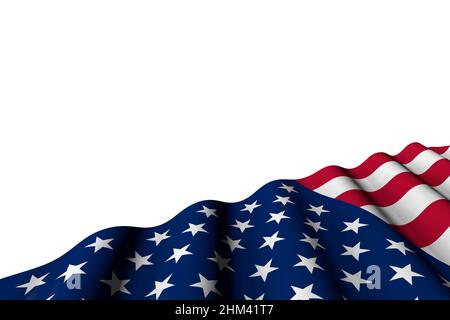 Pretty any Fest Flagge 3D Illustration - glänzende Flagge der USA mit großen Falten lag in der rechten unteren Ecke isoliert auf weiß Stockfoto