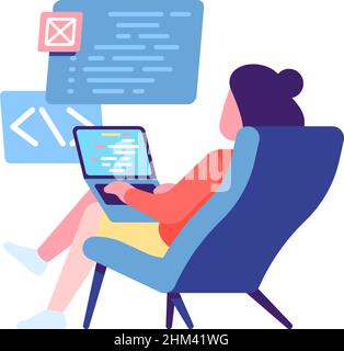 Frau, die auf dem Computerbildschirm programmiert. Softwareentwicklungsprozess Stock Vektor