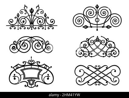 Ein Satz von Ornamenten für geschmiedete Fenstergitter. Vignetten. Vektorgrafiken. Muster Stock Vektor