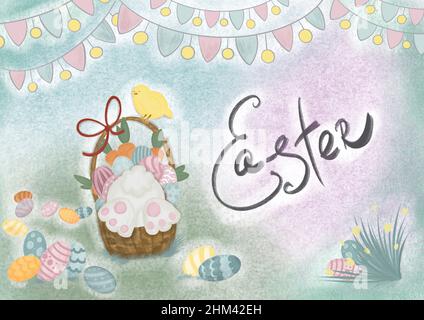 Frohe Ostern Grußkarte. Trendiges osterdesign mit Typografie, handgezeichneten Strichen und Punkten, Eiern und Hasen in Pastellfarben. Horizontales Poster. Imitation einer Bleistiftzeichnung. Englischer Text Ostern Stockfoto