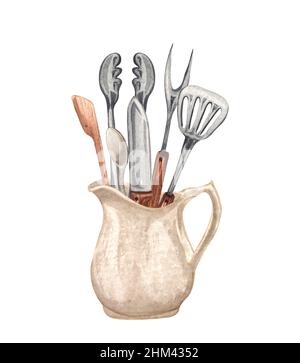 Aquarell-Küchenutensilien in einem Tonjag. Handgezeichneter Garclipart. Backkonzept. Grill Stockfoto
