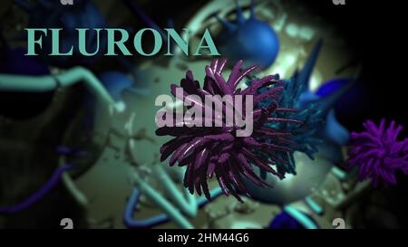 3D Illustration - Flurona, Doppelinfektion von Covid und Grippe. Mutiertes Coronavirus SARS-CoV-2. Stockfoto