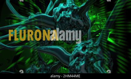 3D Illustration - Flurona, Doppelinfektion von Covid und Grippe. Mutiertes Coronavirus SARS-CoV-2. Stockfoto
