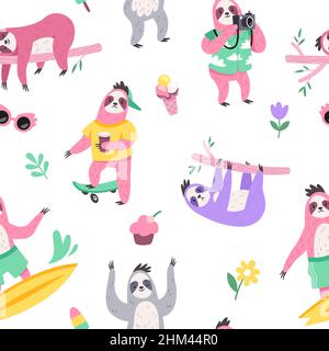 Niedliches Faultier-Nahtmuster. Cartoon Tiere Charaktere, verschiedene Aktivitäten, Posen und Süßigkeiten, faule langsame Kreaturen auf weißem Hintergrund isoliert Stock Vektor