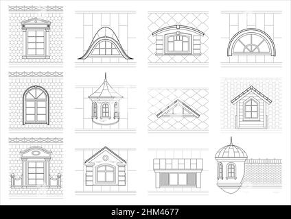 Eine Reihe von klassischen Mansarden-Fassadenfenstern. Pediments. Dachböden. Silhouetten von Stadtdächern Stock Vektor