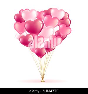 Ein Haufen rosa Luftballons in Herzform. Grußkartenbanner zum Valentinstag und Internationalen Frauentag. 3D Vektorgrafik. Isola Stock Vektor