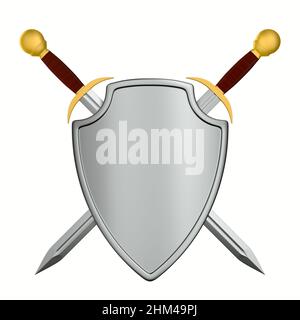 Schild und zwei Schwerter auf weißem Hintergrund. Isolierte 3D-Abbildung Stockfoto