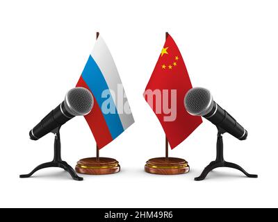 Beziehung zwischen China und Russland auf weißem Hintergrund. Isolierte 3D-Abbildung Stockfoto