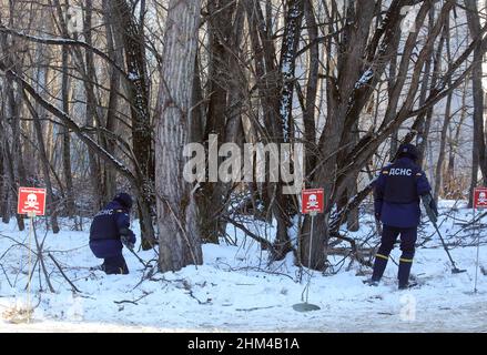 PRYPIAT, UKRAINE - 4. FEBRUAR 2022 - Retter suchen während taktischer Übungen für Einheiten des ukrainischen Innenministeriums nach Landminen, um Interope zu üben Stockfoto