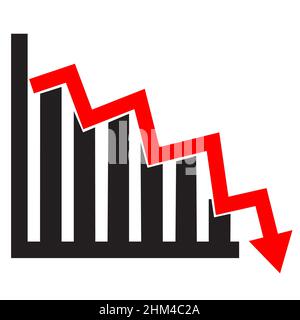 Symbol für Regressionseinkommen auf weißem Hintergrund. Graph verringert das Zeichen. Graph mit Pfeil nach unten. Flacher Stil. Stockfoto