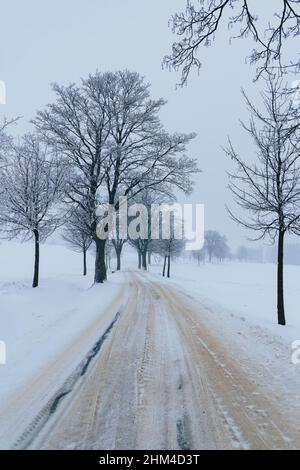 Staubige Straße mit Neuschnee Stockfoto