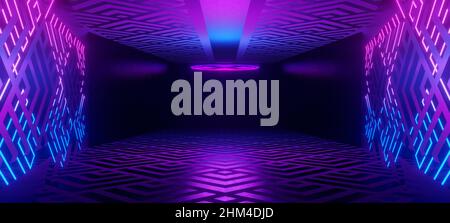 Dunkles, leeres Zimmer, moderne Wände, fremder Betonboden, ultramodern. Violettes abstraktes Licht, Nachtansicht. 3D Rendering Stockfoto