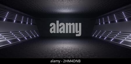 Dunkles Betonzement Asphalt futuristisches Raumschiff Elegantes Underground Garage Tunnel Korridor Leerraum Weiß Glow Glossy Columns 3D Rendering Stockfoto