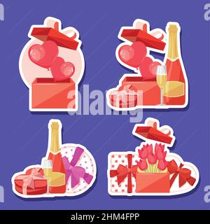 valentines vier Geschenke präsentiert Ikonen Stock Vektor