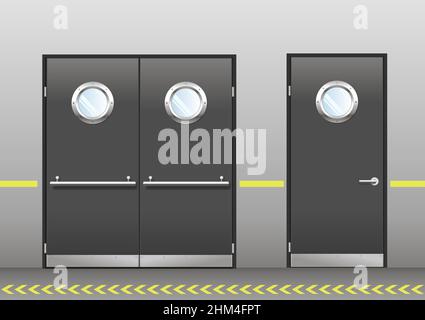 Eine Reihe von technischen Labortüren, Krankenhäusern, Schulen, Lebensmittelproduktion oder Lagereinrichtungen mit runden Fenstern. Eine Doppel- und eine Einzeltür im Vektor Stock Vektor