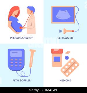 Symbole für Gynäkologie und Geburtshilfe in flacher Ausführung. Medizinische Vorkontrolle für Schwangere. Vektorgrafik. Stock Vektor