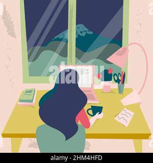 Die freiberufliche Frau sitzt vor den Fenstern mit Landschaft. Blick vom Fenster vor dem Arbeitsplatz. Flache Cartoon-Abbildung. Stock Vektor