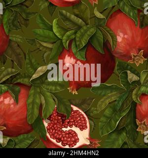 Saftige Granaten auf Ästen. Nahtloses Muster mit Früchten und Blättern. Botanischer Hintergrund für die Gestaltung von Stoff, Tapete, Leinwand. Stockfoto