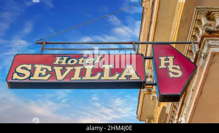 Hotel Sevilla Schild, Ciego de Avila, Kuba Stockfoto