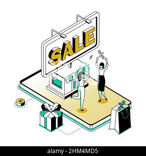 Online-Shop - Moderne Linie Isometrie Design Stil Illustration. Bild mit glücklichen Frauen, großes Smartphone mit Schaufenster, Prozentzeichen. Das Besondere von Stock Vektor