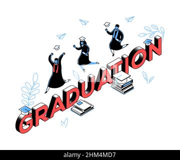 Graduierung Konzept - moderne Linie Isometrie Design Stil Illustration. Detailbild in rot und blau mit internationalen Studenten in der akademischen ca. Stock Vektor