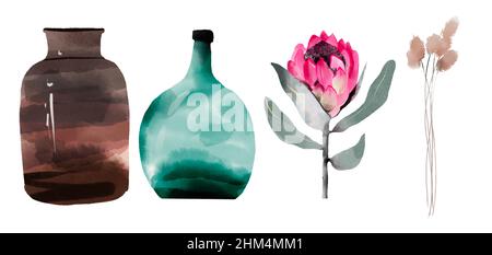 Getrocknete Boho Blumen Kompositionen Design für Grußkarten, Einladungen, Poster. Vasen und tropische Blätter gesetzt Stockfoto